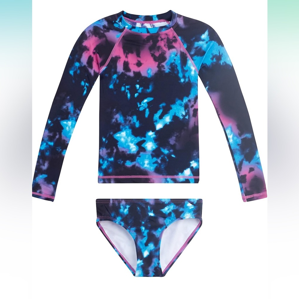 Kanu Surf Girls' Long Sleeve Rashguard UPF 50+ Two Piece Swim Set in Hurricane B